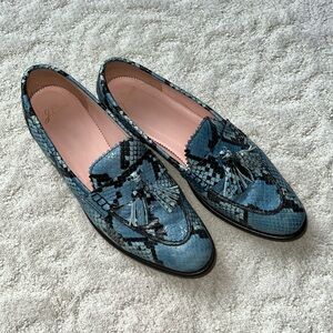 blue faux snakeskin texture JCrew tassel loafers